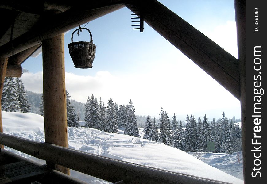 Looking onto snowy mountains from a terrace, in the northeastern part of Switzerland. Looking onto snowy mountains from a terrace, in the northeastern part of Switzerland.