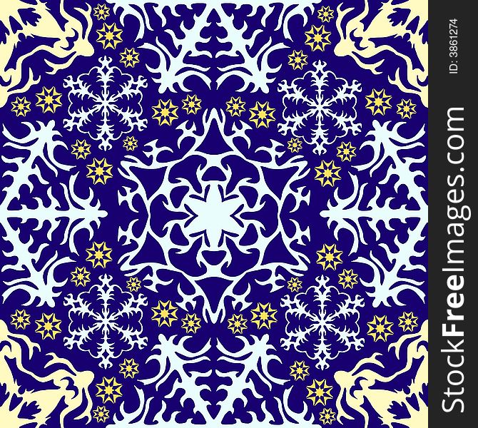 Stars and snowflakes in light colours on dark blue background. Seamless tile. Stars and snowflakes in light colours on dark blue background. Seamless tile.