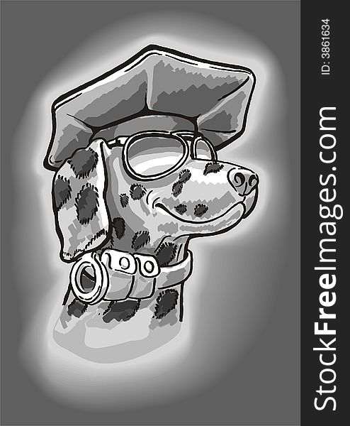 Head of Dalmatian Dog with police cap, american traditionally police sunglasses and handcuffs and cases on the collar as a policeman. Head of Dalmatian Dog with police cap, american traditionally police sunglasses and handcuffs and cases on the collar as a policeman