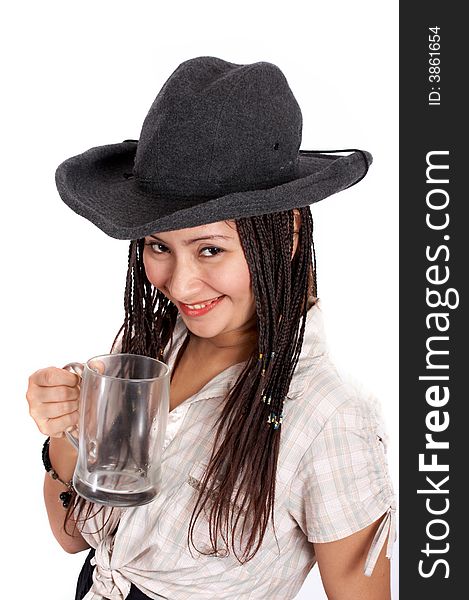 A sexy cowgirl over a white background