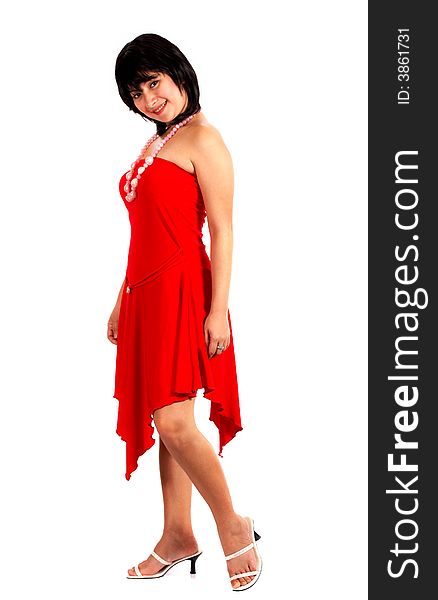 Lady in red posing over a white background