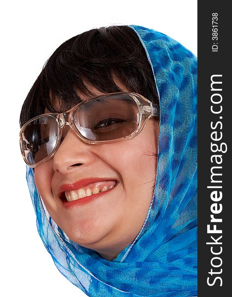 Portrait of a beautiful woman wearing a blue scarf