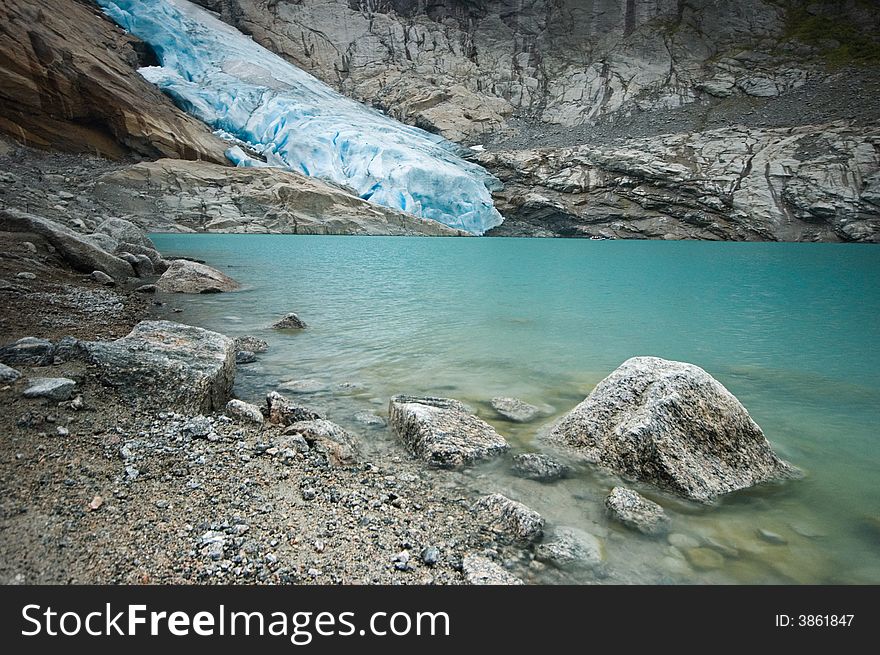 Bryksdalsbreen glacier in norwegian mountains.