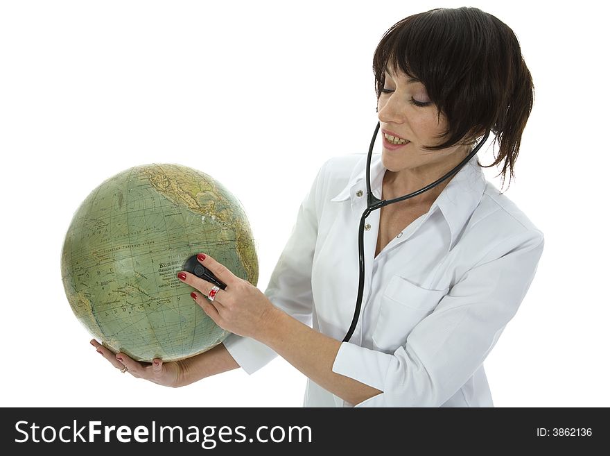 Young doctor with stethoscope and globe on isolated background