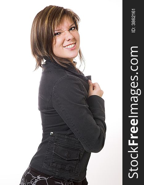 Portrait of the cheerful girl on a white background