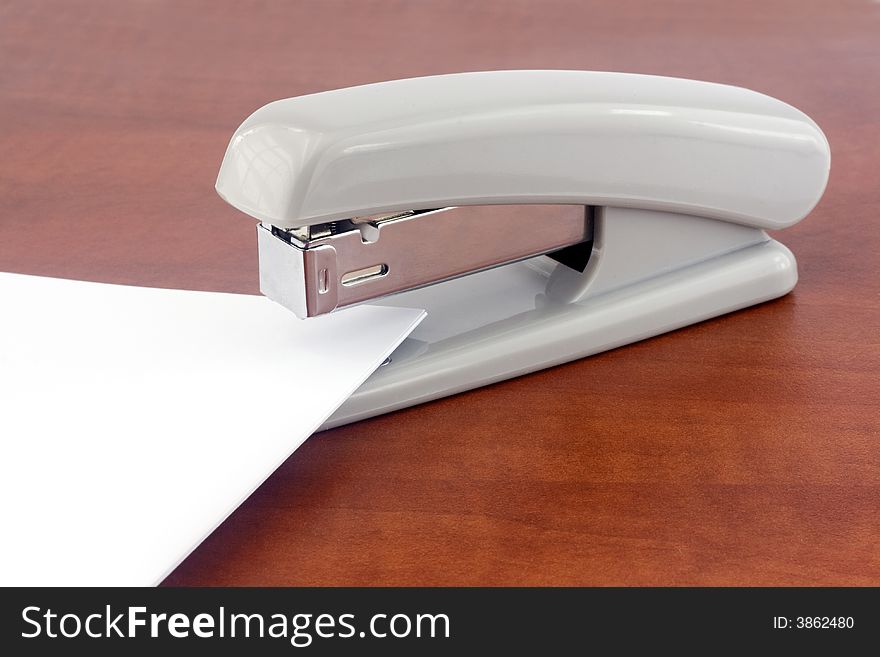 Office stapler and document on wooden background