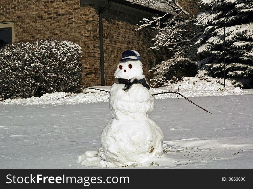 Cute stick armed snowman with hat.
