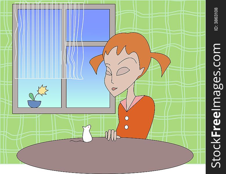 Rasterized vector illustration of a little girl looking at a white mouse. Rasterized vector illustration of a little girl looking at a white mouse