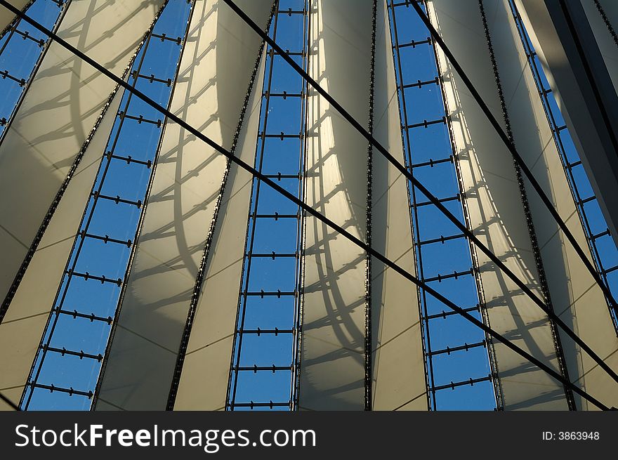 View through the semi transparent roof of Potsdamer Platz Center. View through the semi transparent roof of Potsdamer Platz Center