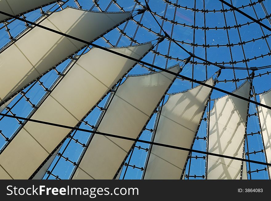 View through the semi transparent roof of Potsdamer Platz Center. View through the semi transparent roof of Potsdamer Platz Center