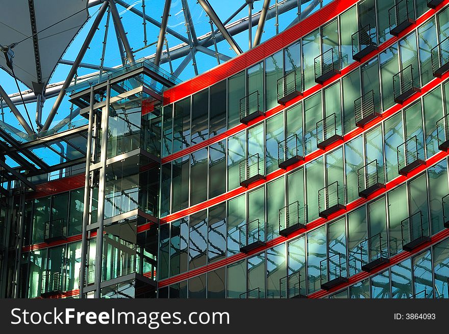 View through the semi transparent roof of Potsdamer Platz Center. View through the semi transparent roof of Potsdamer Platz Center