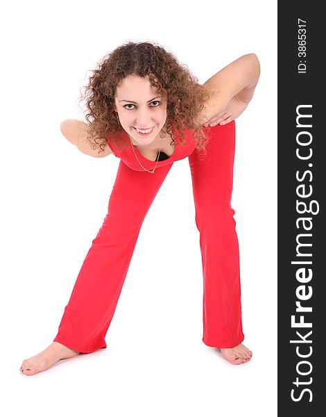 Stretching girl in red on white