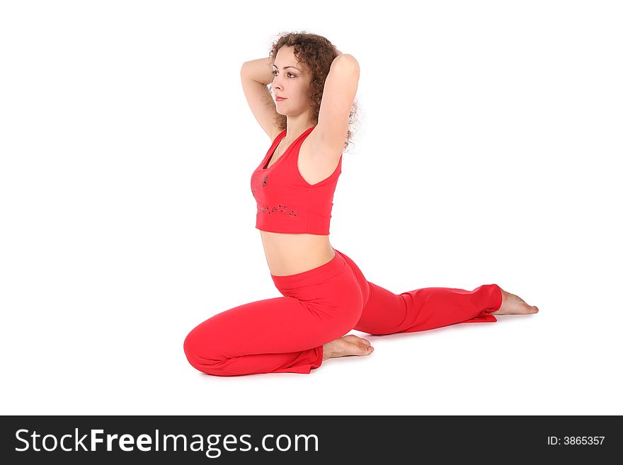 Stretching girl in red on white