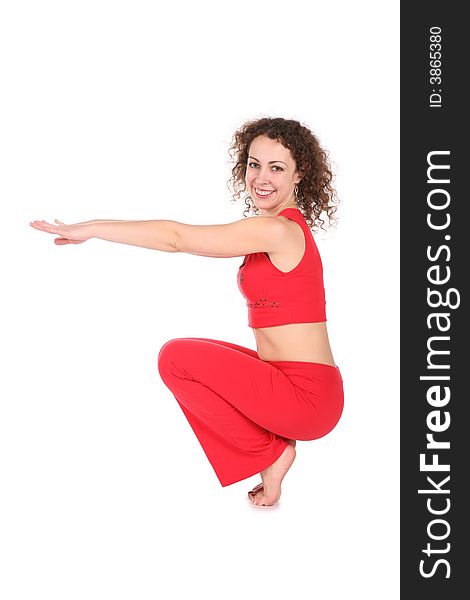 Woman doing curtsey on white