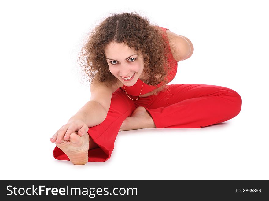 Yoga girl stretching on white
