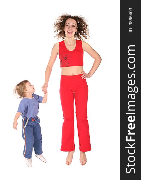 Red mother and blue daughter jumping isolated. Red mother and blue daughter jumping isolated