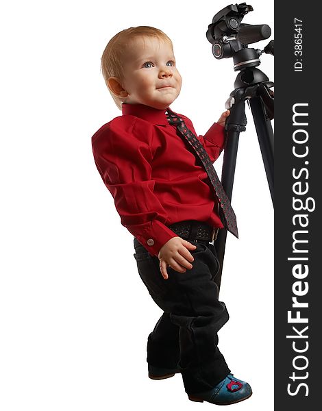 Isolated child in a tie keeping for a photo-support. Isolated child in a tie keeping for a photo-support