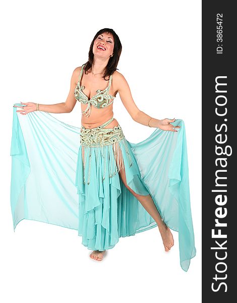 Bellydance woman laughing on white