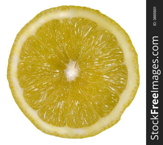 A juicy slice of lemon isolated on a white background. A juicy slice of lemon isolated on a white background.