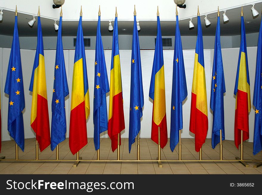 Many flags of Romania and EU