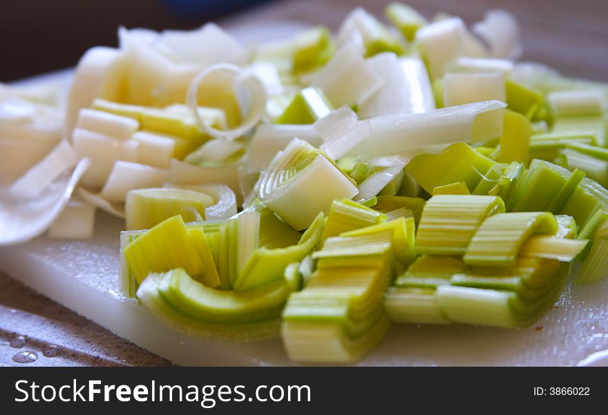 Slices of leeks in the kitchen