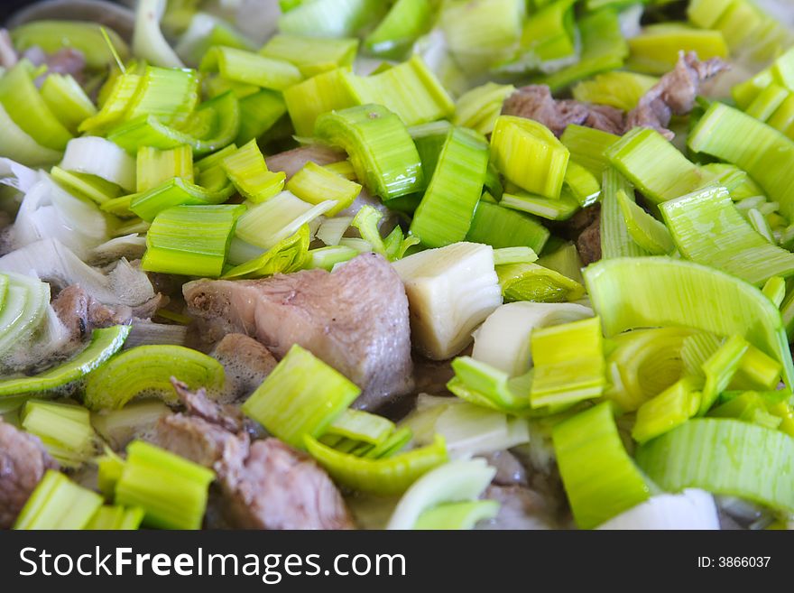 Delicious french dish with meat and leeks. Delicious french dish with meat and leeks
