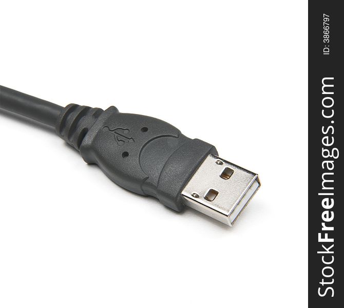 Business end of USB cable on white background