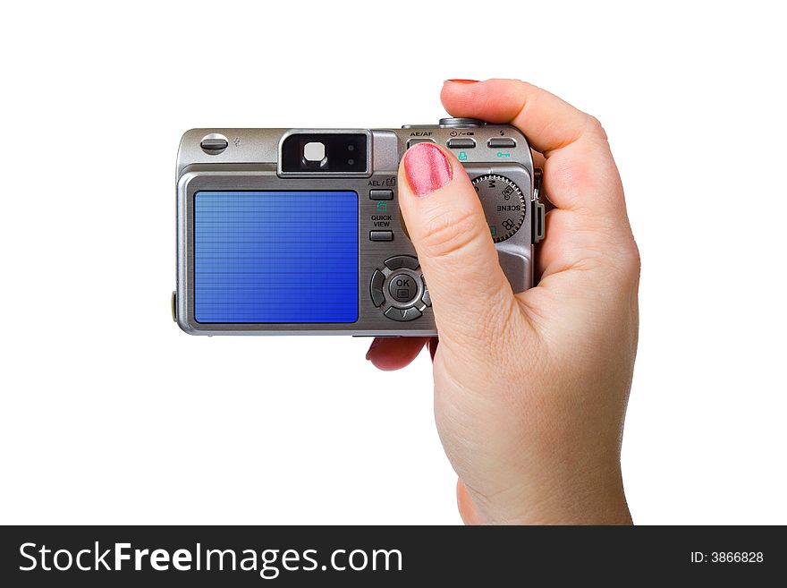 Photo camera in hand, isolated on white background