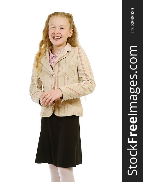 Portrait of the schoolgirl on a white background