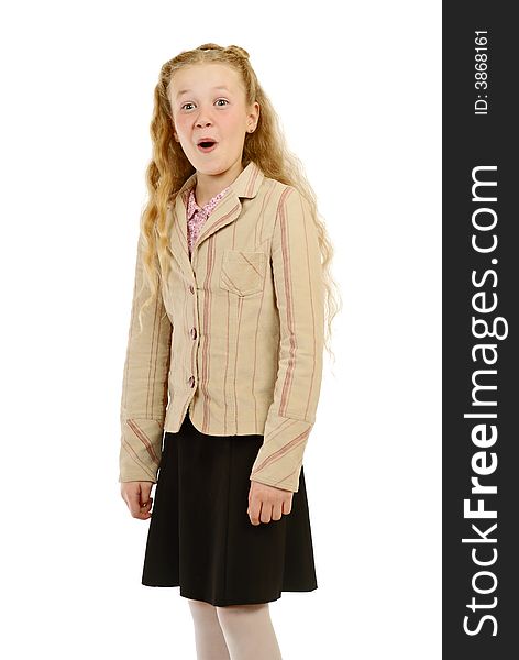 Portrait of the surprised schoolgirl on a white background