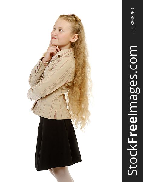 Portrait of the schoolgirl on a white background