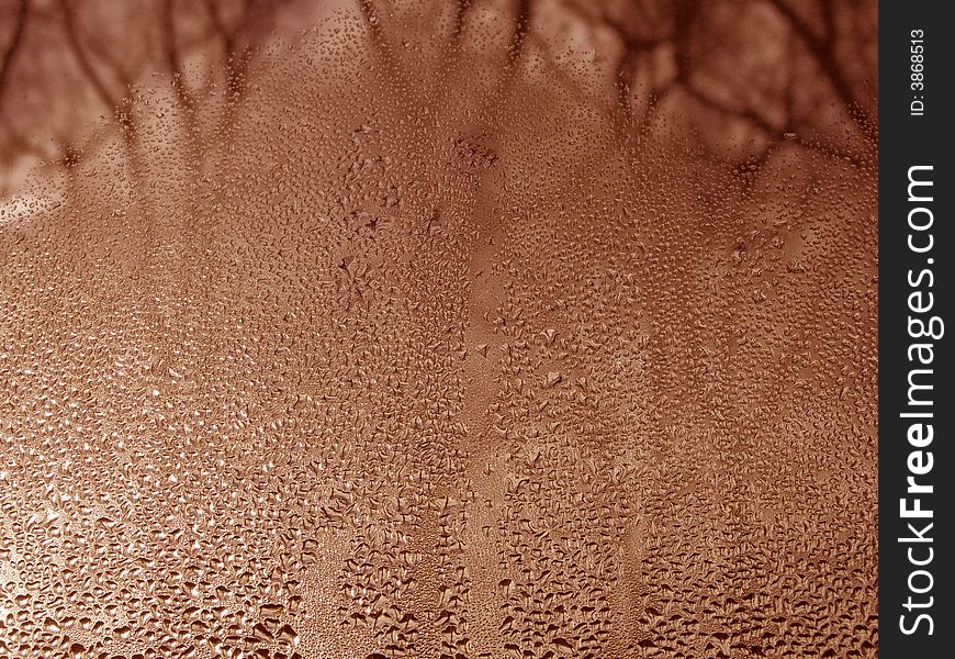 Close-up clear drops of water on window glass surface with tree branches at a distance. Close-up clear drops of water on window glass surface with tree branches at a distance