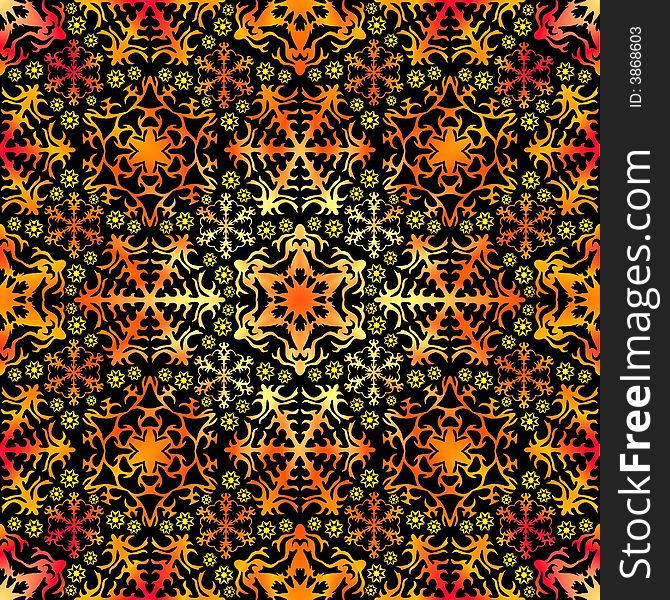 Stars and snowflakes in red/orange/yellow colours on dark brown background. Seamless tile. Stars and snowflakes in red/orange/yellow colours on dark brown background. Seamless tile.