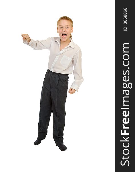 The shouting schoolboy on a white background. The shouting schoolboy on a white background
