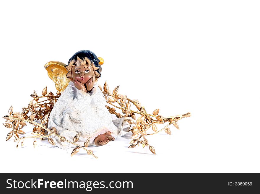 A little angel in gold - isolated over white space (for text). A little angel in gold - isolated over white space (for text).