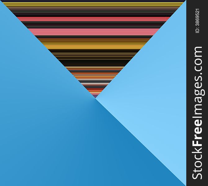 Colourful stripe abstract overlaid with blue shape.