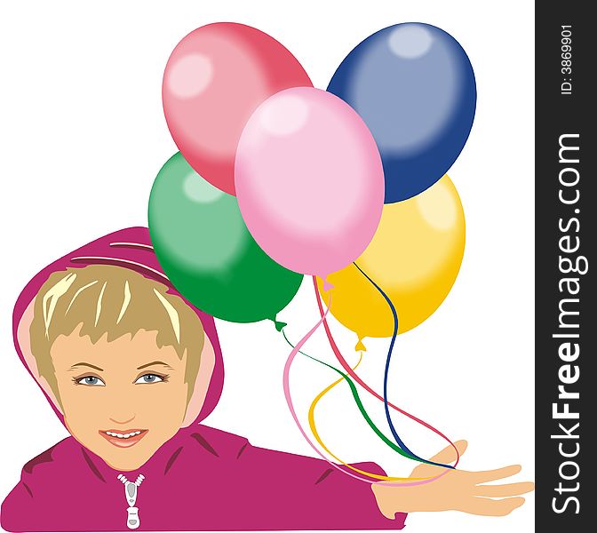 The child holds color balloons in a hand (vector). The child holds color balloons in a hand (vector)