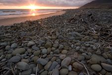 Driftwood And Stones On Beach At Sunset Stock Photos Driftwood And Stones On Beach At Sunset Stock Photos