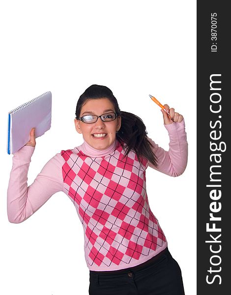 Young happy girl holding notebook isolated