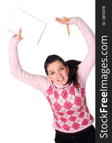 Young happy girl holding notebook isolated