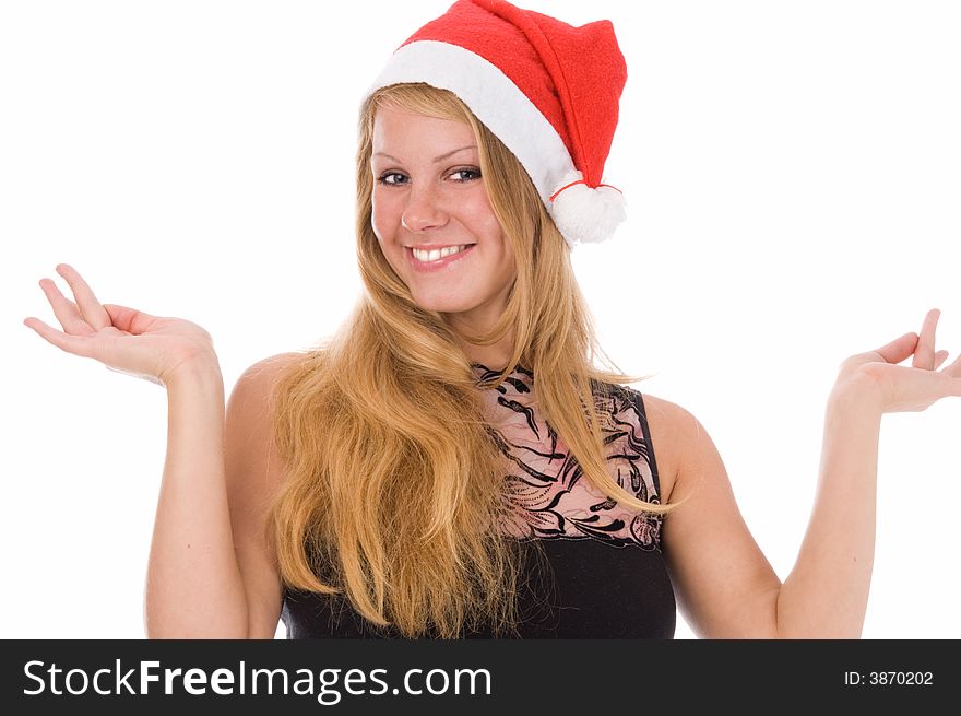 The young girl in the red hat, isolated on a white background. The young girl in the red hat, isolated on a white background