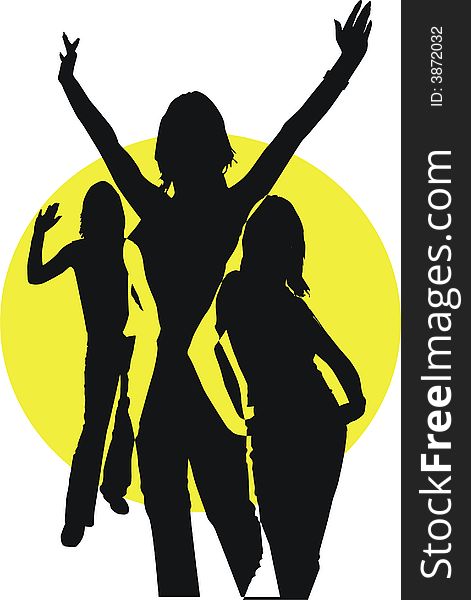 Black silhouettes of girls on a yellow background