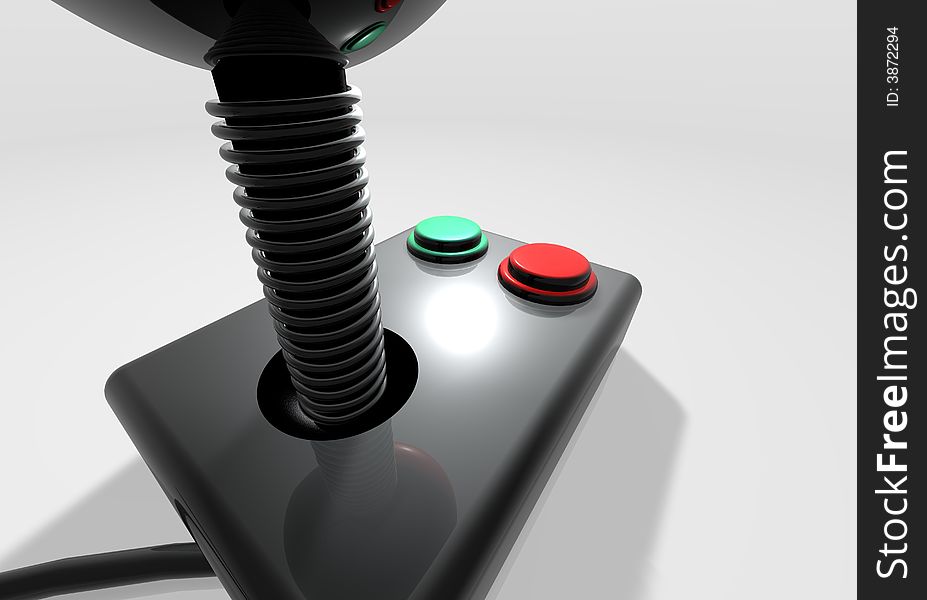 A retro game pad/ joystick 3D model its main color is silver and have two buttons one a green one and red  with a unique camera perspective shot placed on a white reflective background. A retro game pad/ joystick 3D model its main color is silver and have two buttons one a green one and red  with a unique camera perspective shot placed on a white reflective background.