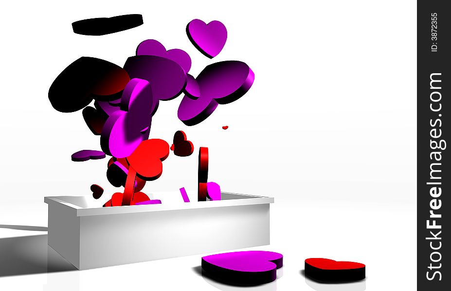 A 3D white box generating random hearts with bright and cheerful colors placed on a reflective white background with a color perspective and a fair area to insert your text. A 3D white box generating random hearts with bright and cheerful colors placed on a reflective white background with a color perspective and a fair area to insert your text.