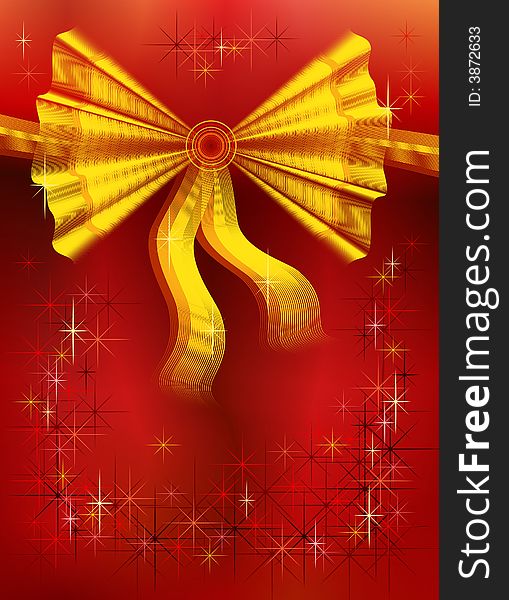 Golden ribbon, bow  and stars, place for text