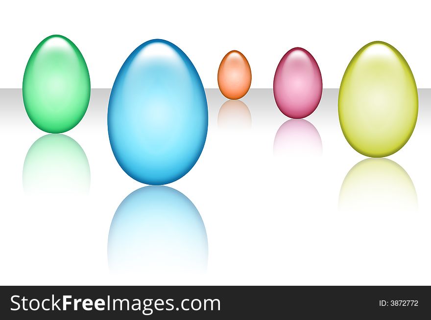 Coloured eggs with reflection on neutral background