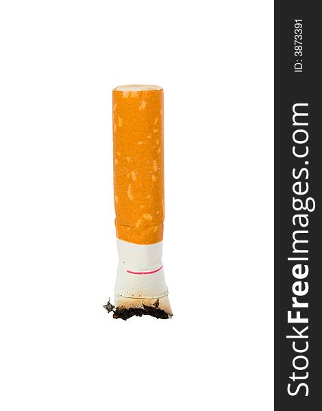 Macro of cigarette butt, isolated on white background