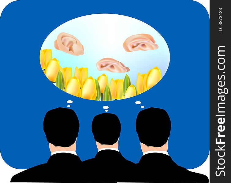 Vector illustration for three business man in a boring meeting, but they not listening, their ears just like butterfly flying away, metaphors. Vector illustration for three business man in a boring meeting, but they not listening, their ears just like butterfly flying away, metaphors