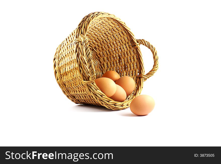 Few eggs in a basket on the white background