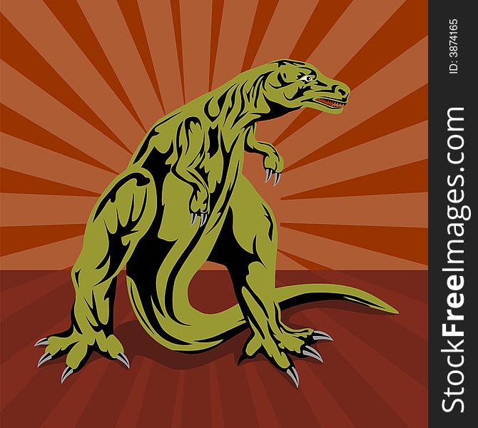 Vector art of a Tyrannosaurus rex with sunburst